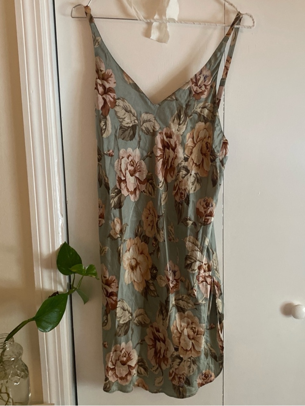 Floral Slip Dress in Sage with Blush Roses